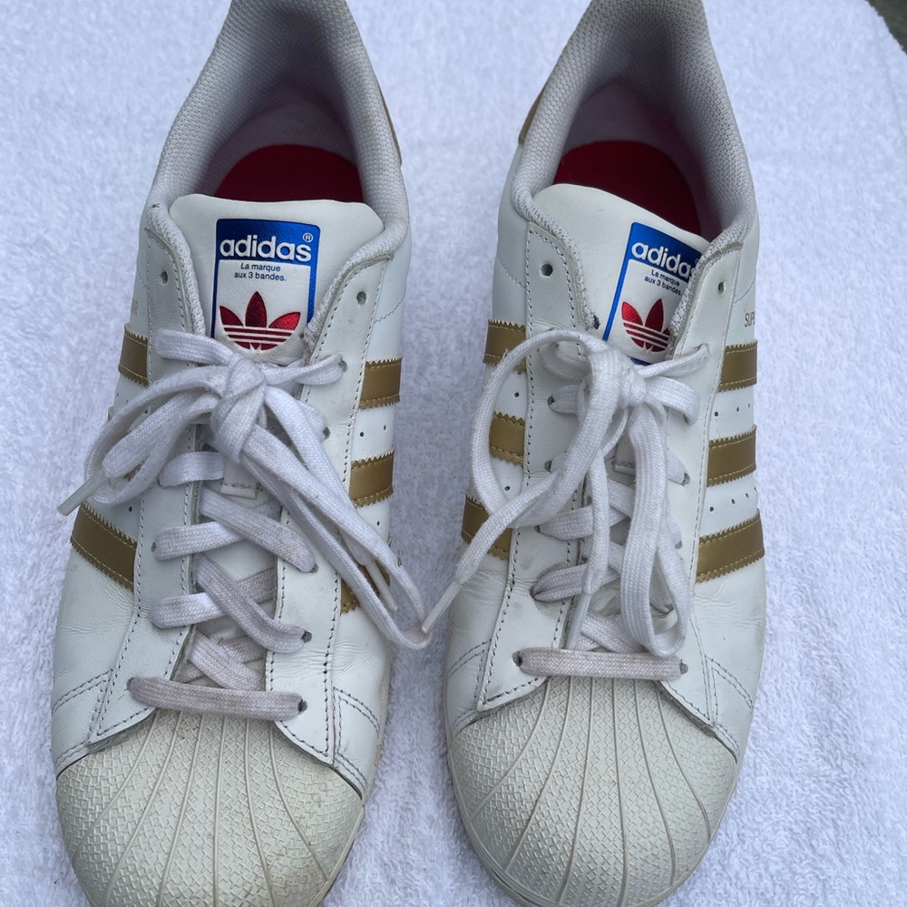 Adidas Superstar White and Gold Stripes